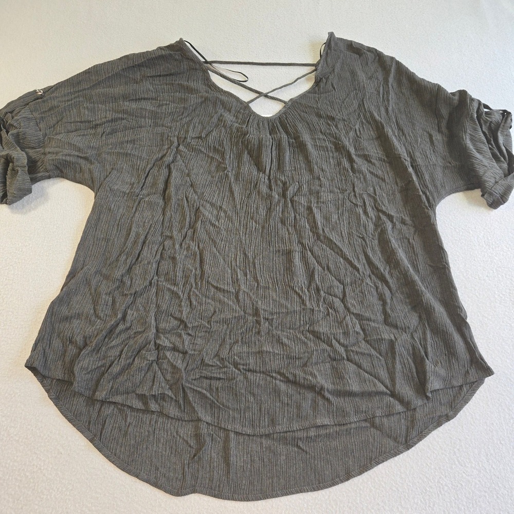 Perch by Blu Pepper Blouse Womens 2XL Gray Crinkle Strappy V-Neck High-Low Top